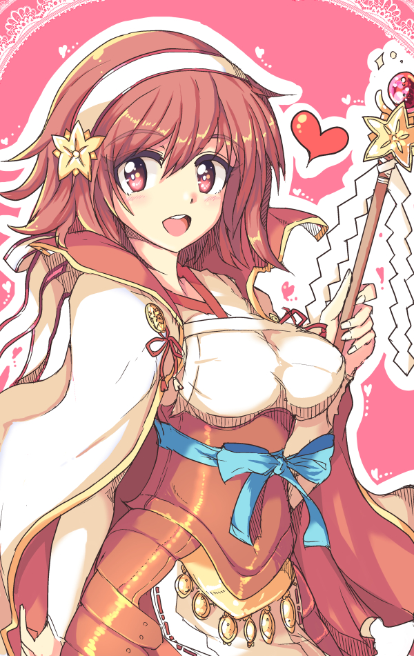 1girl :d bad_id bad_pixiv_id bow breasts echizen_(hvcv) eyebrows female_focus fire_emblem fire_emblem_fates hair_ornament headband heart holding holding_staff japanese_clothes kimono looking_at_viewer medium_breasts miko nintendo open_mouth pink_background pink_eyes pink_hair sakura_(fire_emblem) short_hair smile solo solo_focus staff star_(symbol)