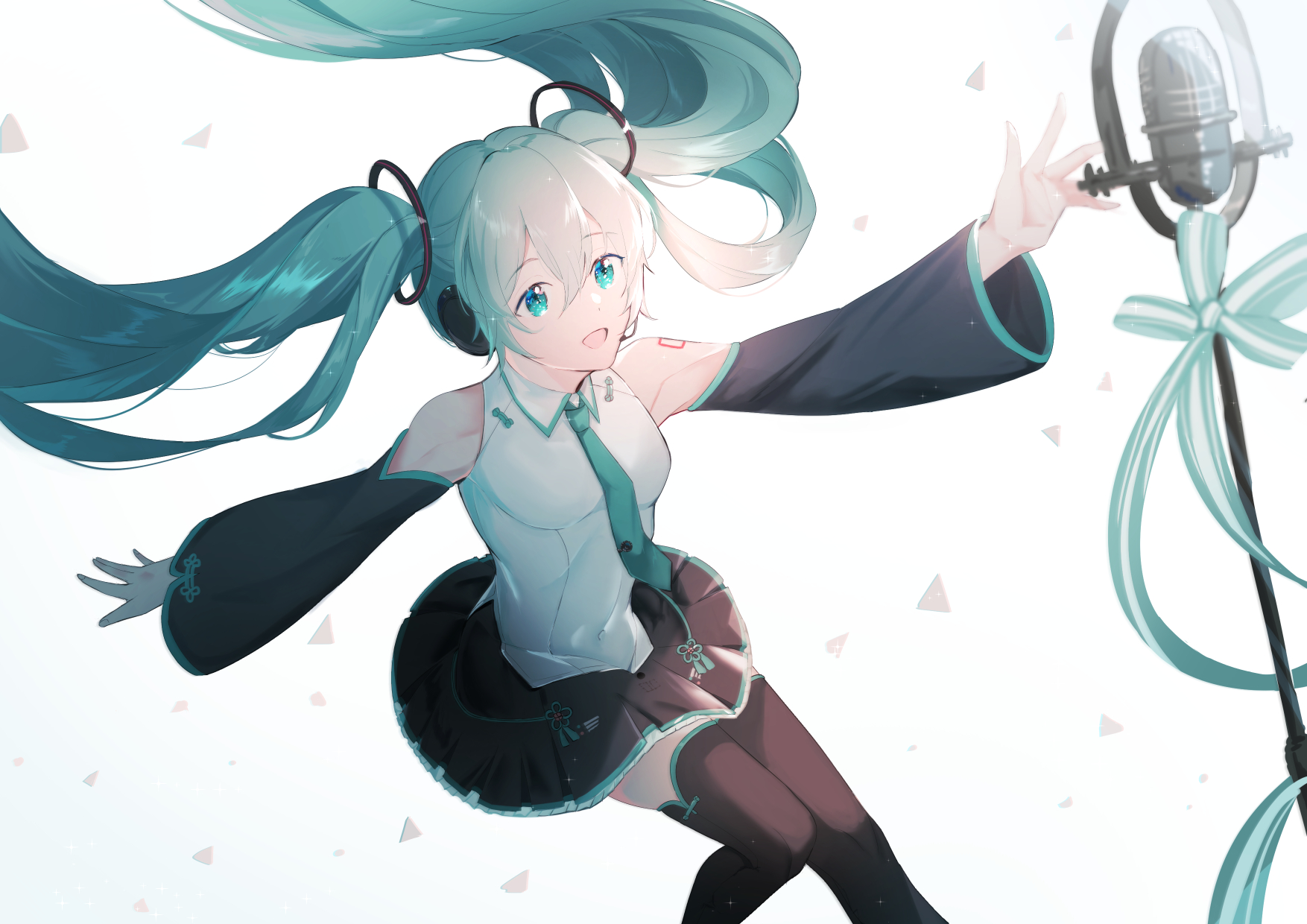 1girl :d aqua_hair black_skirt black_sleeves black_thighhighs blue_eyes collared_shirt detached_sleeves floating_hair green_necktie hair_between_eyes hair_ornament hatsune_miku hatsune_miku_(vocaloid4)_(chinese) headphones highres long_hair long_sleeves microphone_stand miniskirt necktie open_mouth outstretched_arms pleated_skirt shirt skirt sleeveless sleeveless_shirt smile solo tattoo thighhighs very_long_hair vocaloid white_background white_shirt wing_collar yaner_10 zettai_ryouiki