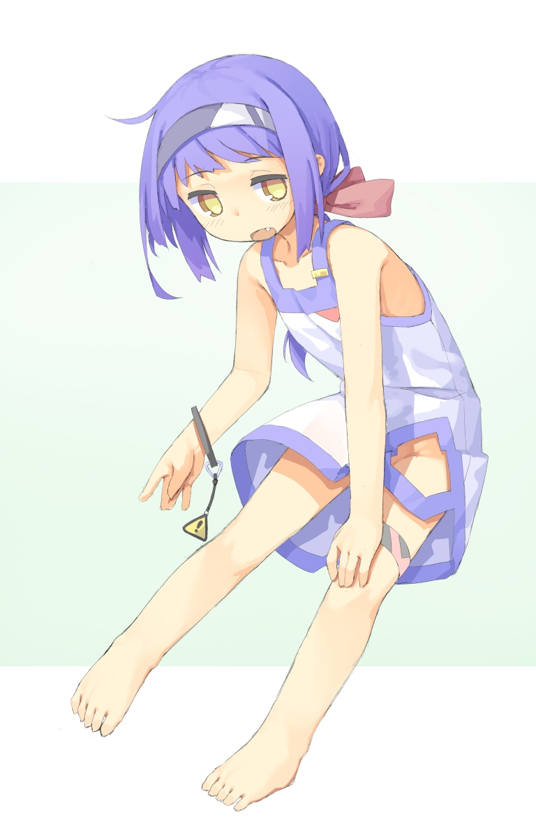 1girl :o arm_support bad_id bad_twitter_id bare_arms bare_legs bare_shoulders barefoot blue_hair border bow bracelet clothing_cutout collarbone dot_nose dress fang full_body green_background groin hair_bow hairband hand_on_own_knee hassai highres jewelry legs_apart long_hair looking_to_the_side low_ponytail no_pupils open_mouth original outside_border ponytail short_dress sign simple_background sleeveless sleeveless_dress solo swept_bangs warning_sign white_border white_dress yellow_eyes