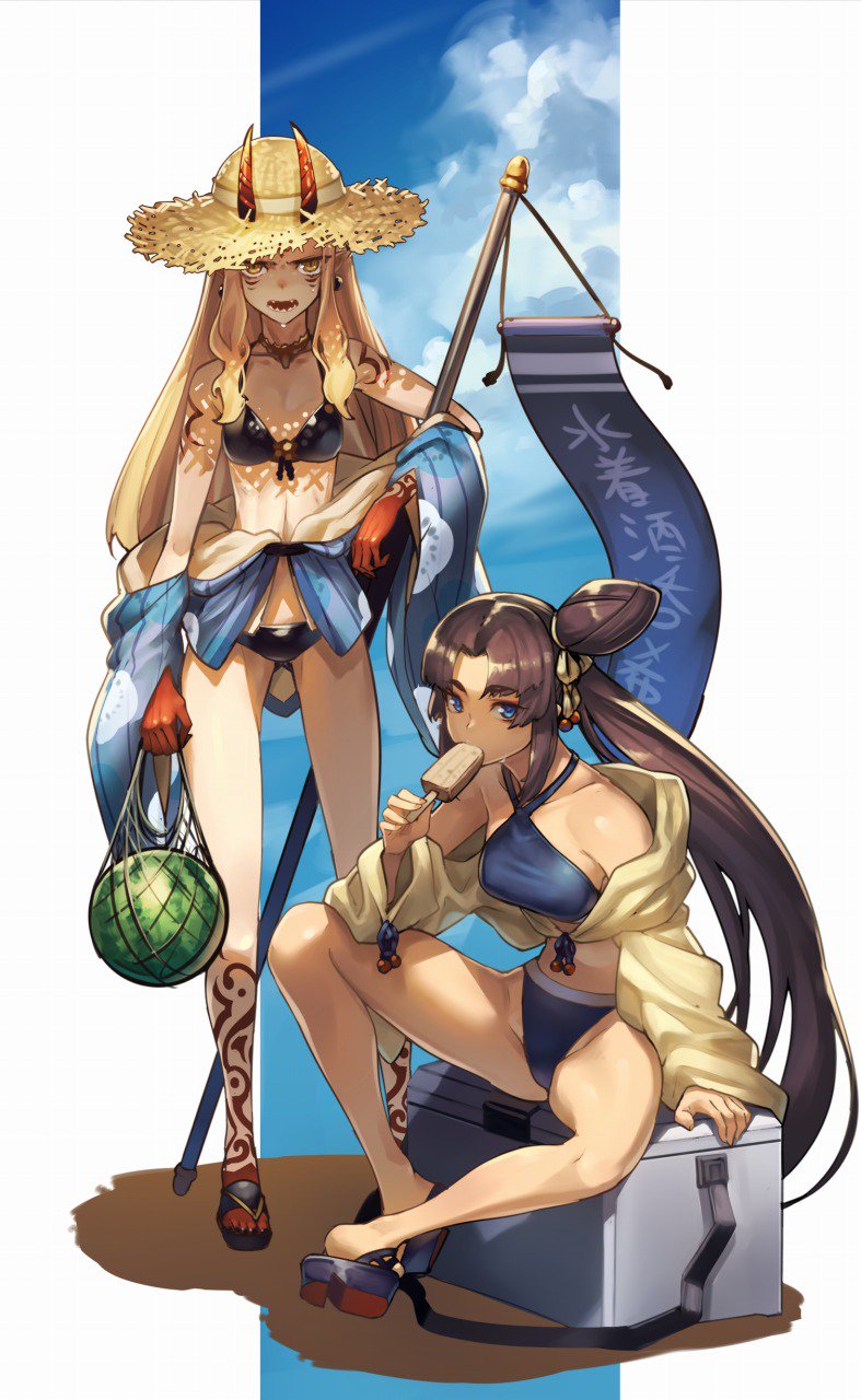 2girls bare_shoulders bikini black_bikini black_hair blonde_hair blue_bikini breasts collarbone fate/grand_order fate_(series) food fruit hair_bun hat highres horns ibaraki_douji_(fate) ibaraki_douji_(fate/grand_order) ibaraki_douji_(swimsuit_lancer)_(fate) ibaraki_douji_(swimsuit_lancer)_(first_ascension)_(fate) ice_cream jpeg_artifacts long_hair multiple_girls navel oni oni_horns side_ponytail small_breasts spread_legs sun_hat swimsuit tattoo tef ushiwakamaru_(fate) ushiwakamaru_(fate/grand_order) ushiwakamaru_(swimsuit_assassin)_(fate) ushiwakamaru_(swimsuit_assassin)_(first_ascension)_(fate) very_long_hair watermelon
