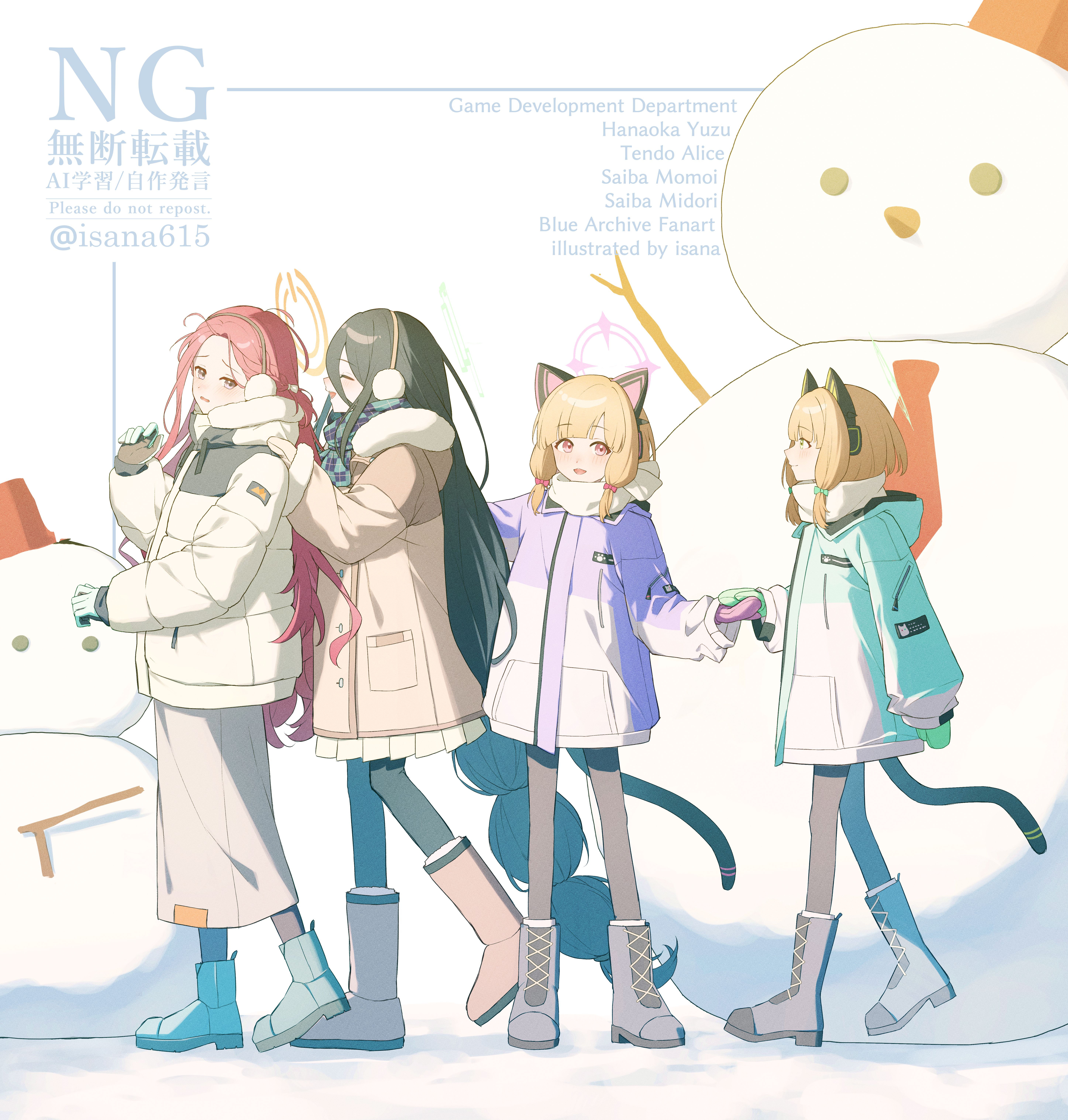 4girls ^_^ absurdres alternate_costume animal_ear_headphones animal_ears aris_(blue_archive) artist_name black_hair black_pantyhose blonde_hair blue_archive boots cat_ear_headphones closed_eyes coat commentary_request earmuffs fake_animal_ears full_body fur-trimmed_coat fur_trim game_development_department_(blue_archive) halo headphones highres hood hooded_jacket isana615 jacket knee_boots long_hair midori_(blue_archive) momoi_(blue_archive) multiple_girls padded_jacket pantyhose red_hair siblings sisters snowman twins twitter_username very_long_hair watermark yuzu_(blue_archive)