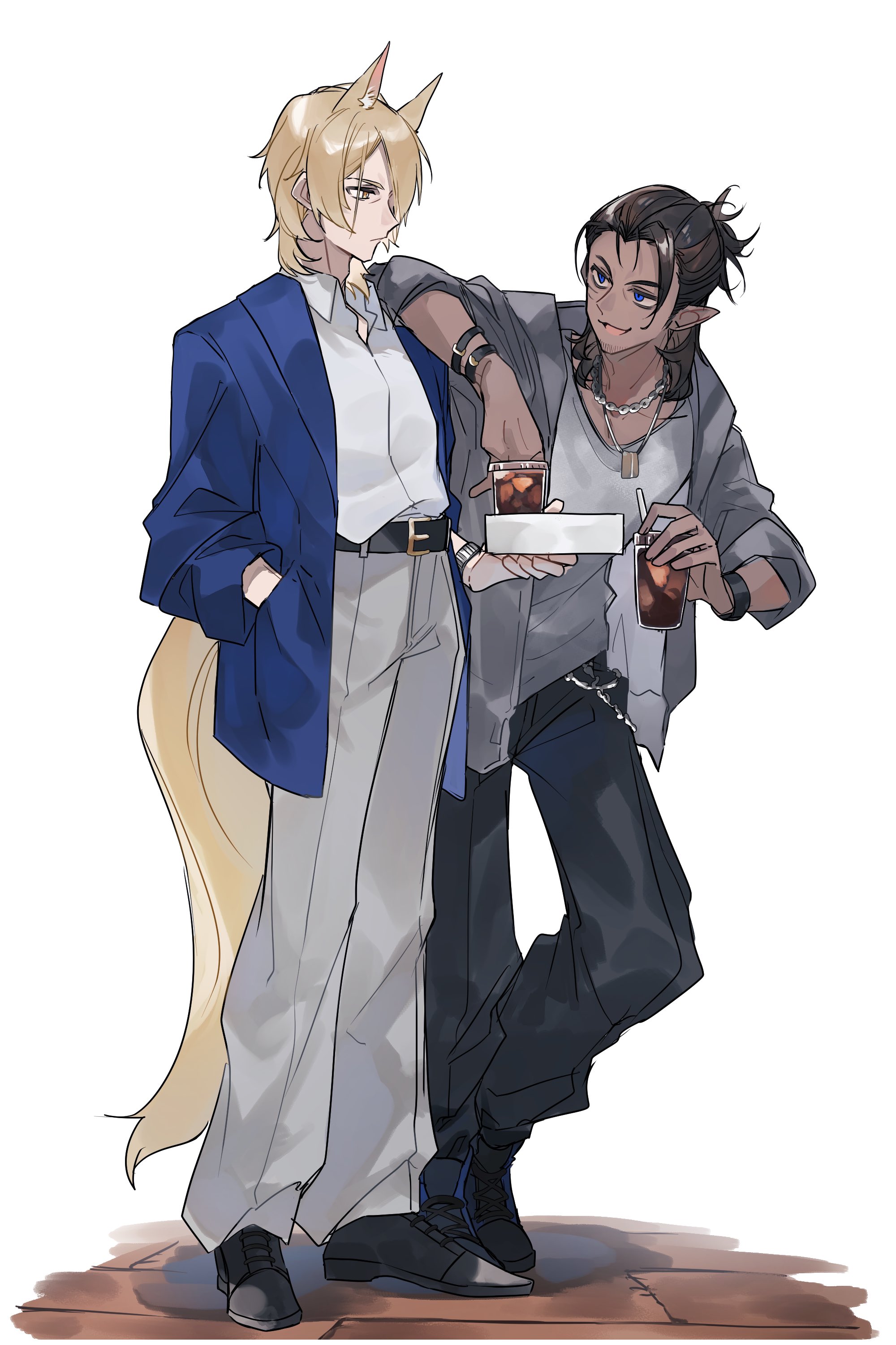 2boys absurdres alternate_costume animal_ears arknights arm_on_another's_shoulder belt belt_buckle black_hair black_pants black_shoes blonde_hair blue_eyes blue_jacket buckle chain chain_necklace contrapposto cup dark-skinned_male dark_skin dress_shirt drink drinking_straw expressionless extra_ears full_body grey_eyes grey_pants grey_shirt hands_in_pockets highres holding holding_cup holding_drink horse_boy horse_ears horse_tail jacket jewelry looking_at_viewer male_focus mlynar_(arknights) multiple_boys necklace pants parted_bangs partially_unbuttoned pendant pointy_ears ponytail profile shirt shoes short_ponytail simple_background sleeves_pushed_up smile sneakers suit_jacket t-shirt tail toland_(arknights) watch white_background white_shirt wristwatch yakota_(usuk-yako) yellow_tail