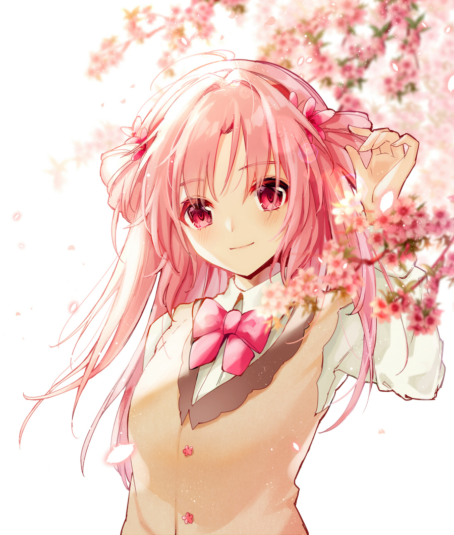 1girl akinomiya_asuka breasts cherry_blossoms closed_mouth collared_shirt commentary_request flower hair_flower hair_ornament long_hair long_sleeves looking_at_viewer neck_ribbon original parted_bangs pink_eyes pink_flower pink_hair pink_ribbon ribbon riverbed_soul_saver shirt small_breasts smile solo touhou upper_body vest white_shirt yamatoyo_no_momohime yellow_vest