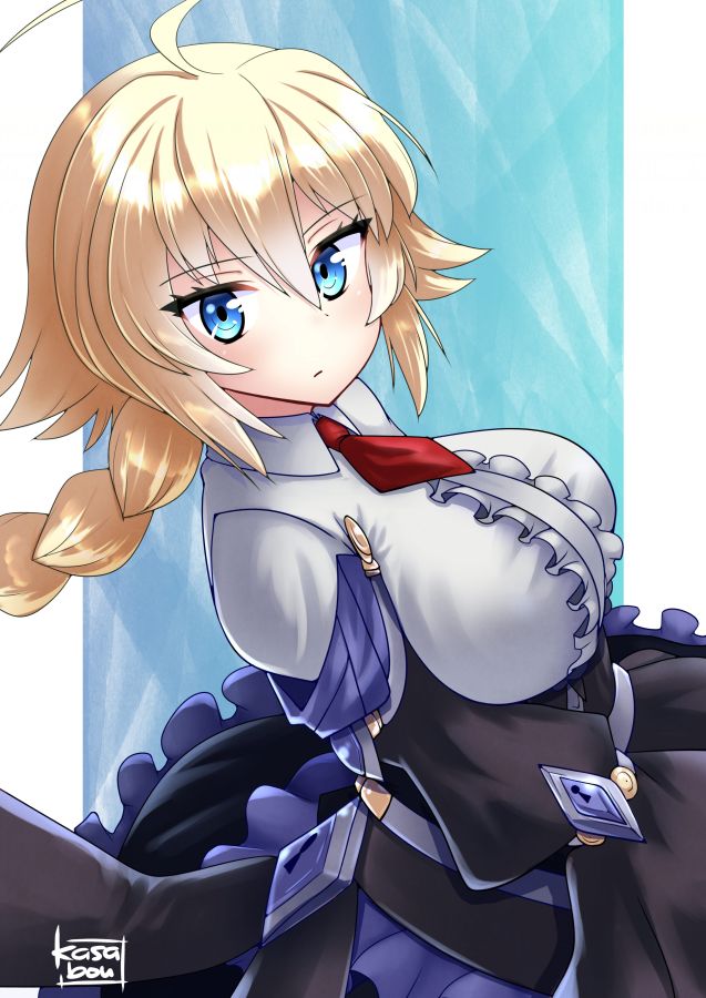 1girl ahoge black_skirt blazblue blonde_hair blue_background blue_eyes braid breasts es_(xblaze) high-waist_skirt kasabou large_breasts looking_at_viewer shirt skirt solo upper_body white_shirt xblaze xblaze_code:_embryo