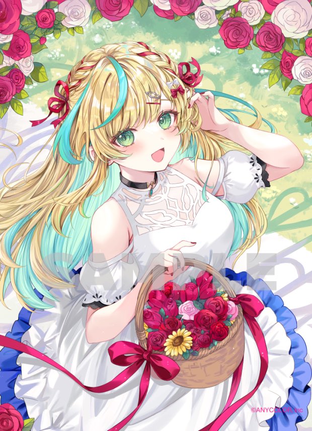 1girl :d aqua_hair basket black_choker blonde_hair blush braid breasts choker colored_inner_hair commentary_request copyright_notice dress flower frilled_dress frills green_eyes hair_ornament hair_ribbon hairclip hinakisara holding holding_basket looking_at_viewer multicolored_hair nijisanji official_alternate_costume official_alternate_hairstyle official_art open_mouth pink_flower puffy_short_sleeves puffy_sleeves red_ribbon ribbon rose sample_watermark short_sleeves smile solo streaked_hair sunflower tachitsute_toto tachitsute_toto_(2nd_costume) tongue virtual_youtuber watermark white_dress white_flower