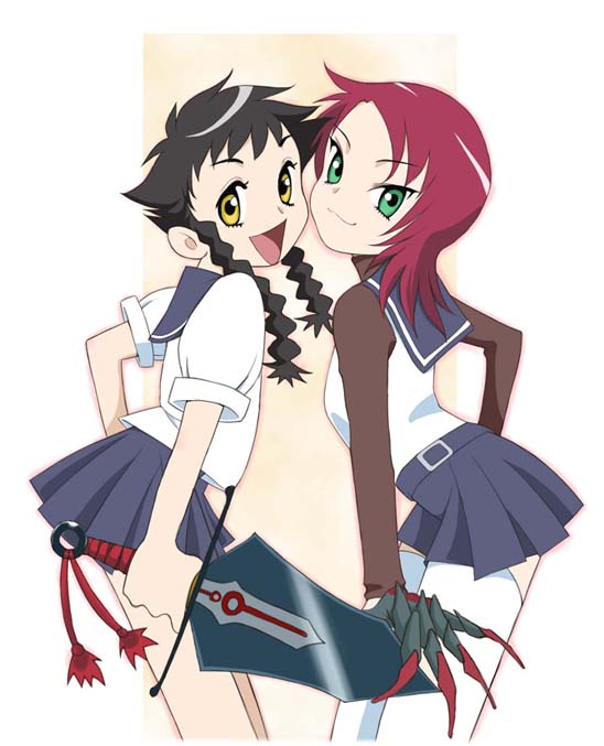 00s 2girls :3 :d black_hair blue_skirt braid brown_hair claws from_side green_eyes holding long_sleeves looking_at_viewer minagi_mikoto multiple_girls my-hime open_mouth pleated_skirt puffy_short_sleeves puffy_sleeves red_hair sabachiyo_land school_uniform serafuku short_hair short_sleeves simple_background skirt smile sword symmetry thighhighs twin_braids very_short_hair weapon white_legwear yellow_eyes yuuki_nao