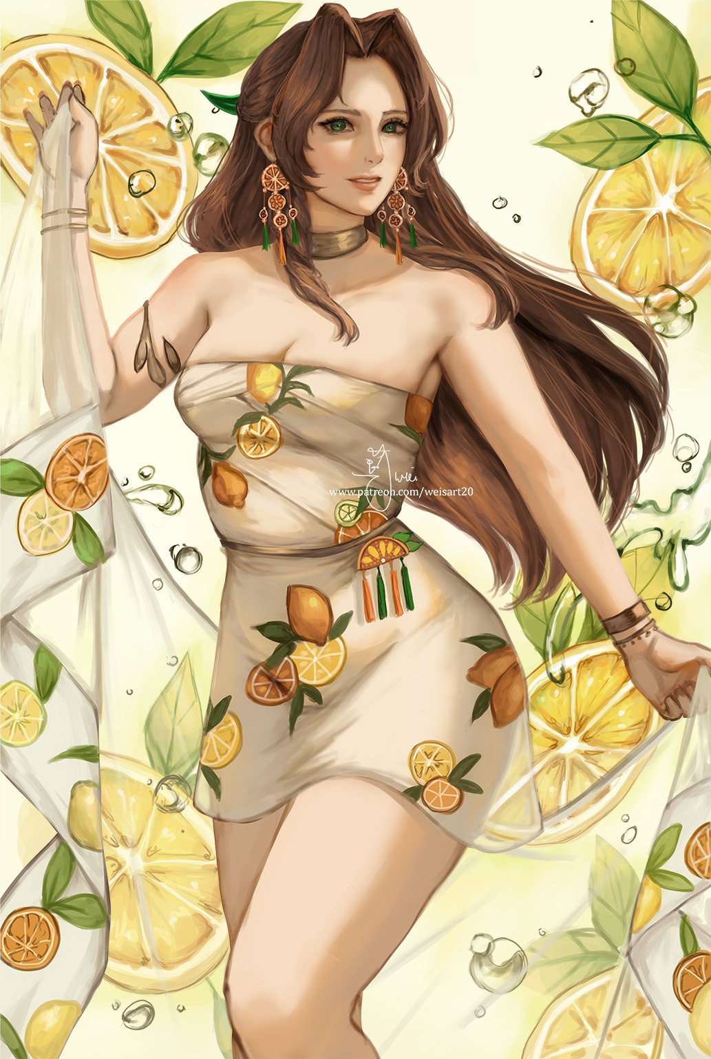 1girl aerith_gainsborough aerith_gainsborough_(citric_dress) armlet bare_shoulders bracelet breasts brown_hair cleavage cowboy_shot dress earrings final_fantasy final_fantasy_vii final_fantasy_vii_ever_crisis food-themed_earrings food_print food_themed_earrings fruit_print green_eyes green_ribbon hair_ribbon half_updo highres jewelry long_dress long_hair looking_at_viewer medium_breasts official_alternate_costume orange-shaped_earrings orange-shaped_ornament orange_print parted_bangs parted_lips patreon_username print_background print_dress ribbon see-through_clothes see-through_skirt sidelocks skirt solo strapless strapless_dress water_drop wei_(promise_0820)