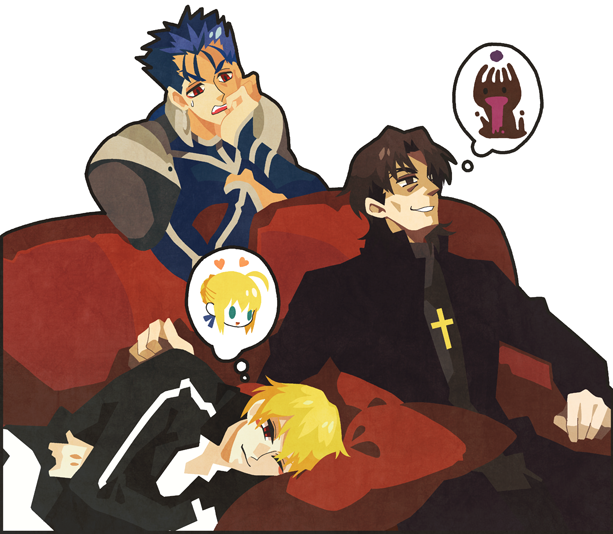 3boys ahoge artoria_pendragon_(fate) carnival_phantasm couch cu_chulainn_(fate) cu_chulainn_(fate/stay_night) fate/stay_night fate_(series) gilgamesh_(fate) gilgamesh_(immoral_biker_jacket)_(fate) grail-kun kotomine_kirei kuroihato male_focus multiple_boys official_alternate_costume saber_(fate)