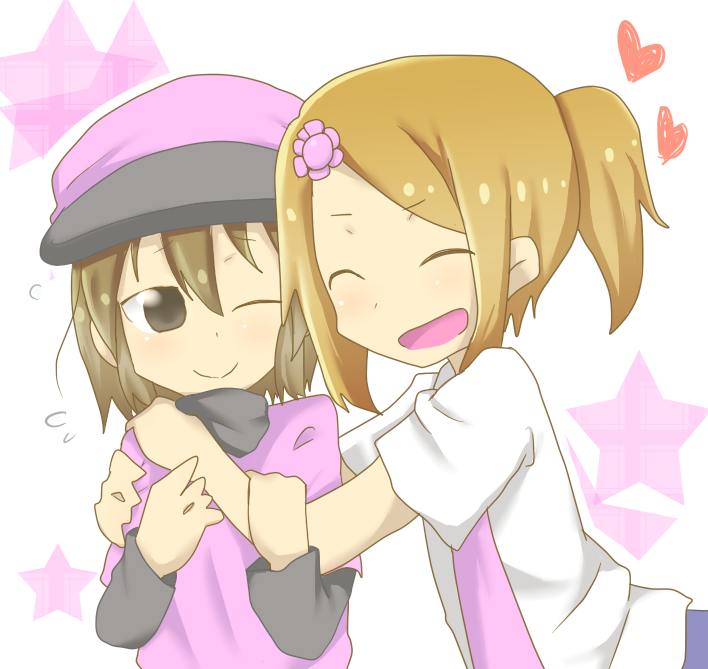brown_hair closed_eyes hair_flower hat heart hug matching_hair/eyes minna_no_rhythm_tengoku necktie pink_shirt pitcher_(rhythm_tengoku) ponytail reporter_(rhythm_tengoku) rhythm_tengoku shirt short_hair star_(symbol) white_shirt yuri