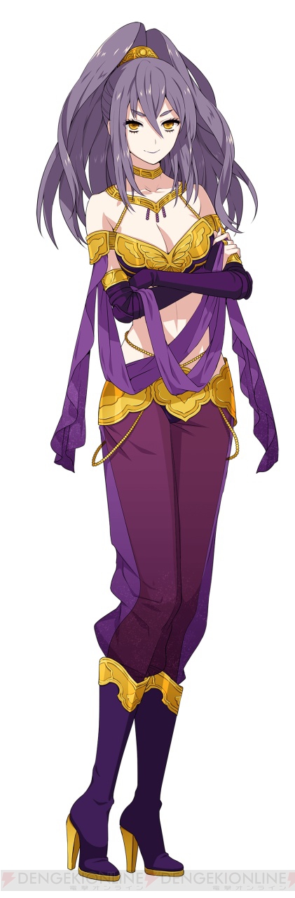 1girl arabian_clothes bare_shoulders boots breasts cleavage collarbone crossed_arms dengeki eyebrows eyelashes female_focus harem_outfit harem_pants high_heel_boots high_heels highres ichinose_shiori jewelry long_hair looking_at_viewer midriff nail_polish necklace official_art pants ponytail purple_boots purple_hair ring_dream smile solo watermark yellow_eyes yorumura_shiro