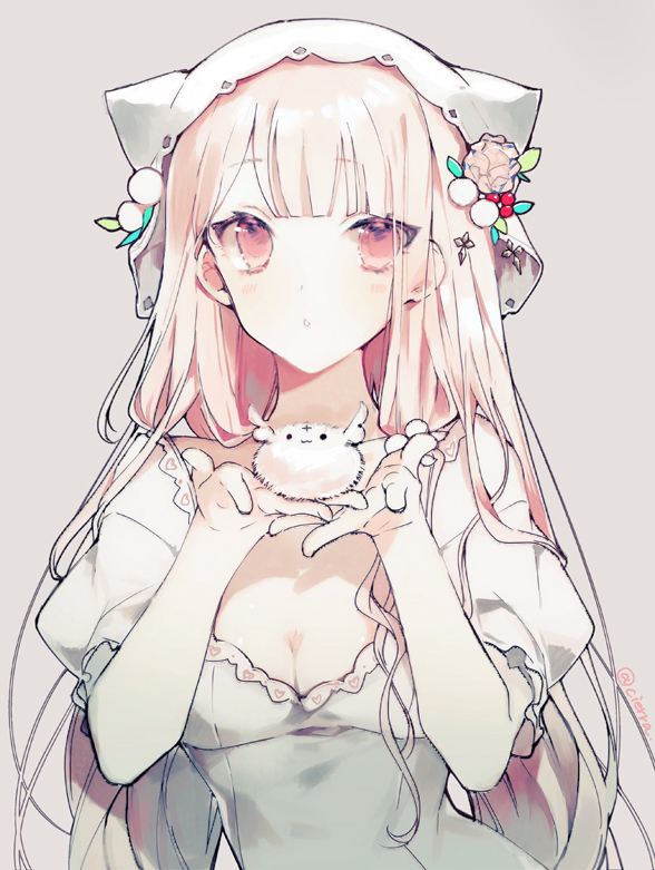 1girl artist_name blunt_bangs blush breasts cierra_(ra-bit) cleavage commentary creature dress grey_background hair_ornament hands_up headdress holding long_hair looking_at_viewer medium_breasts open_mouth original pink_eyes pink_hair simple_background solo upper_body white_dress