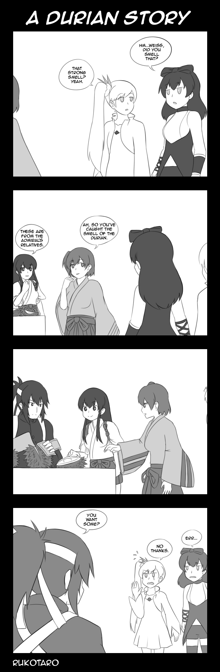 10s 1boy 4girls 4koma akagi_(kancolle) black_hair blake_belladonna bow comic crossover durian eating english_text flat_chest food fruit greyscale headband highres hiryuu_(kancolle) kantai_collection long_hair monochrome multiple_girls rukotaro rwby short_hair side_ponytail table weiss_schnee white_hair