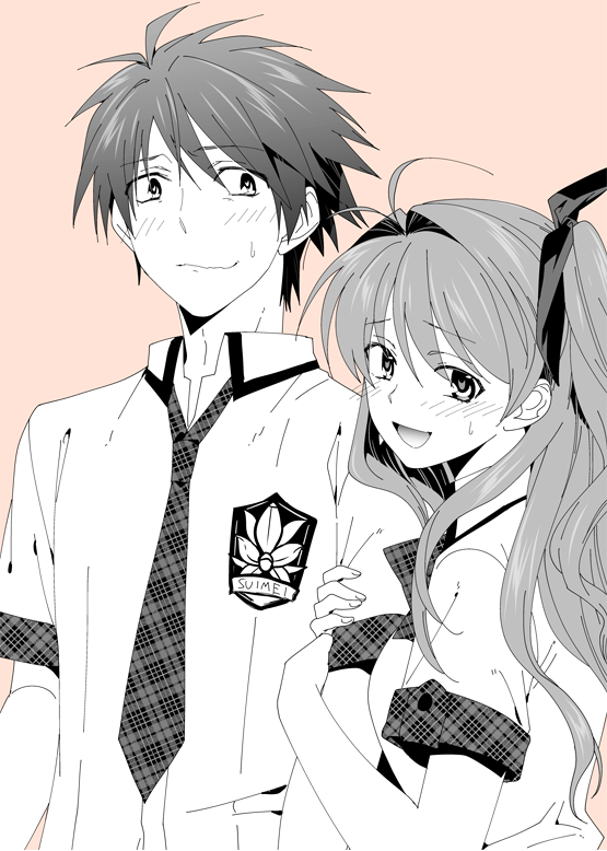 1boy 1girl blush bow bowtie chaos;head chaos;head_love_chu_chu! collarbone collared_shirt dress_shirt greyscale hair_ribbon ikuhashi_muiko looking_at_viewer monochrome necktie nishijou_takumi open_collar open_mouth plaid_bow plaid_bowtie plaid_clothes plaid_necktie plaid_sleeves pleated_skirt ribbon sakihata_rimi school_emblem school_uniform science_adventure shirt short_sleeves skirt smile suimei_academy_school_uniform summer_uniform tongue white_shirt