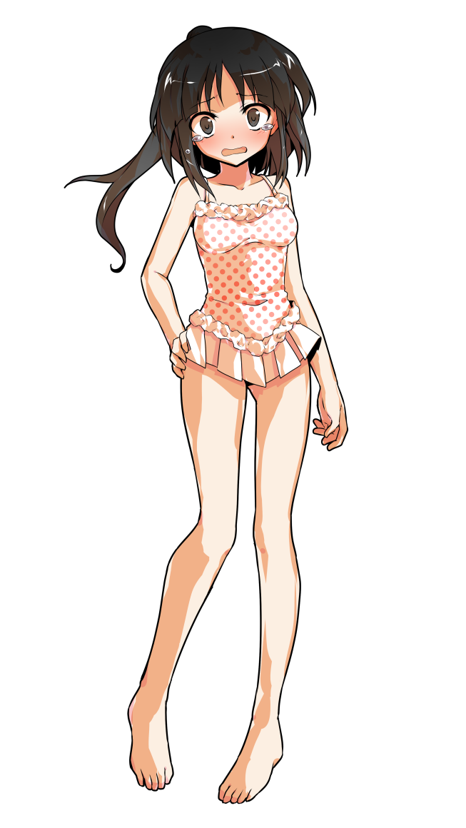 1girl alphes_(style) alternate_costume bare_arms bare_legs bare_shoulders barefoot black_eyes black_hair blush breasts casual_one-piece_swimsuit collarbone commentary_request dairi full_body hair_up hakurei_reimu hand_on_own_hip legs_apart looking_at_viewer medium_breasts no_hair_bow no_hair_ornament one-piece_swimsuit open_mouth parody polka_dot polka_dot_swimsuit ponytail silent_sinner_in_blue solo standing style_parody swimsuit tachi-e tearing_up touhou touhou_bougetsushou transparent_background white_one-piece_swimsuit