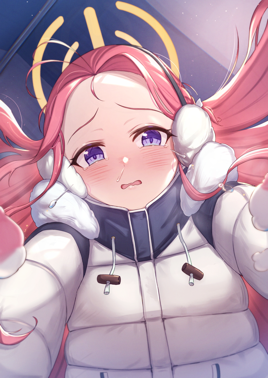 1girl blue_archive commentary_request crying crying_with_eyes_open down_jacket drawstring earmuffs forehead from_below fur-trimmed_jacket fur_trim halo highres jacket long_hair looking_at_viewer looking_down parted_bangs pink_hair power_symbol purple_eyes snot solo tears uneg upper_body very_long_hair white_jacket yuzu_(blue_archive) yuzu_(winter)_(blue_archive)