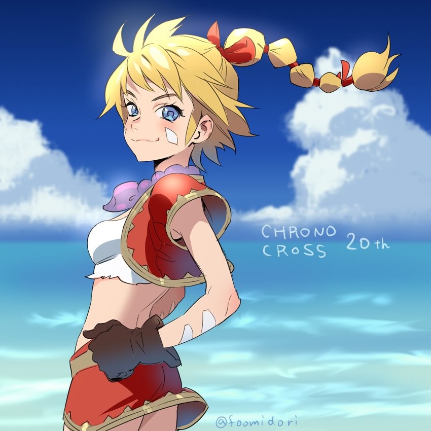 1girl beach black_gloves blonde_hair blue_eyes braid chrono_cross cloud copyright_name crop_top cropped_jacket day facial_mark female_focus gloves kid_(chrono_cross) midori_foo ocean outdoors purple_neckwear red_skirt short_sleeves single_braid skirt smile solo twitter_username