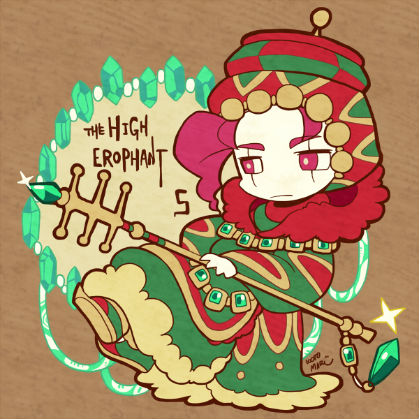 1boy bright_pupils brown_background chibi chibi_only closed_mouth crossed_legs full_body gem green_gemstone holding holding_staff jojo_no_kimyou_na_bouken kakyoin_noriaki kotorai male_focus no_nose pink_eyes red_footwear red_headdress red_robe robe sparkle staff tarot the_hierophant_(tarot) white_pupils