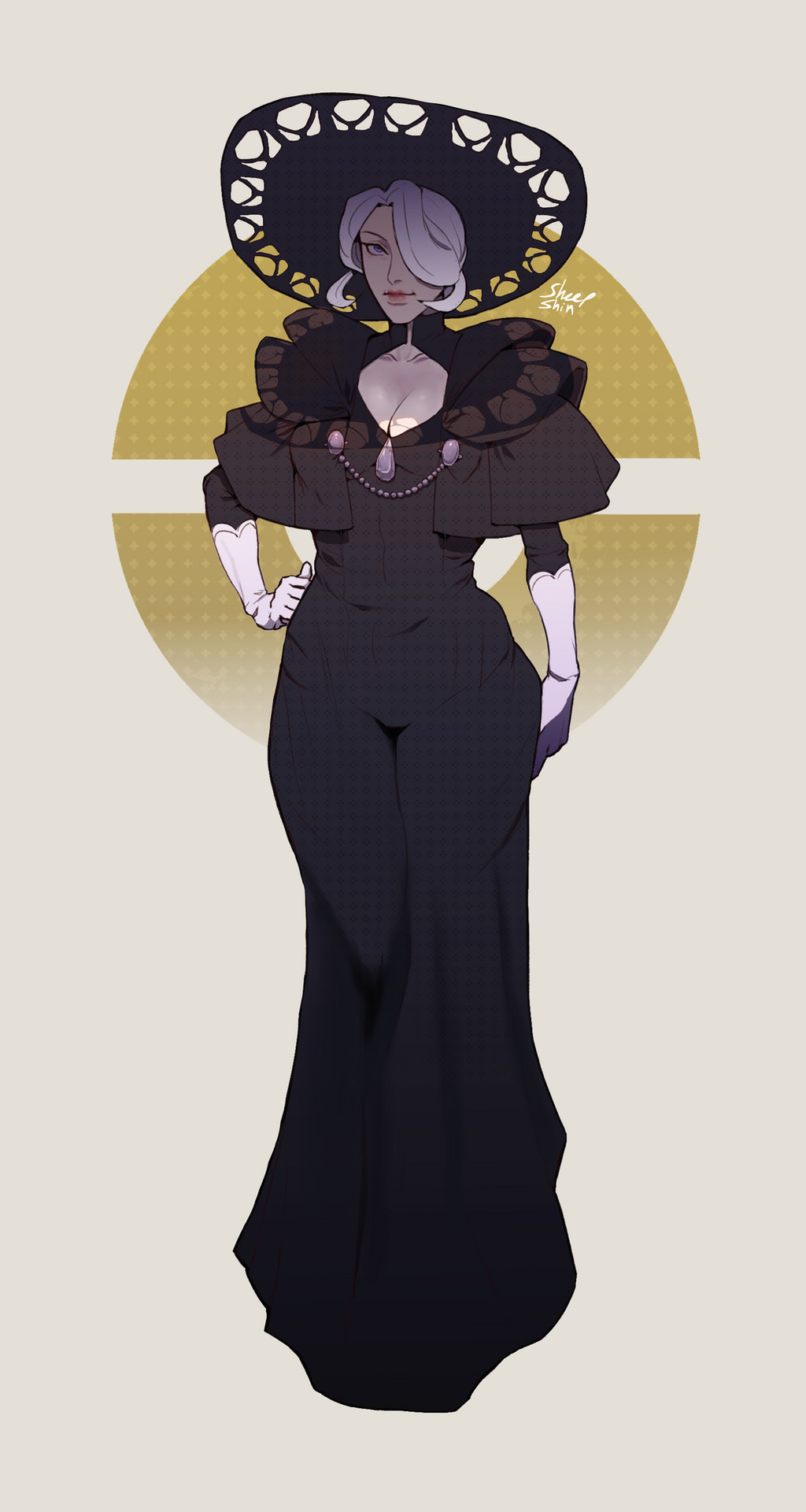 1girl black_dress breasts cogita_(pokemon) dress full_body gloves hair_over_one_eye hat highres nintendo poke_ball_symbol pokemon pokemon_legends:_arceus sheep_shin simple_background smile standing white_gloves white_hair