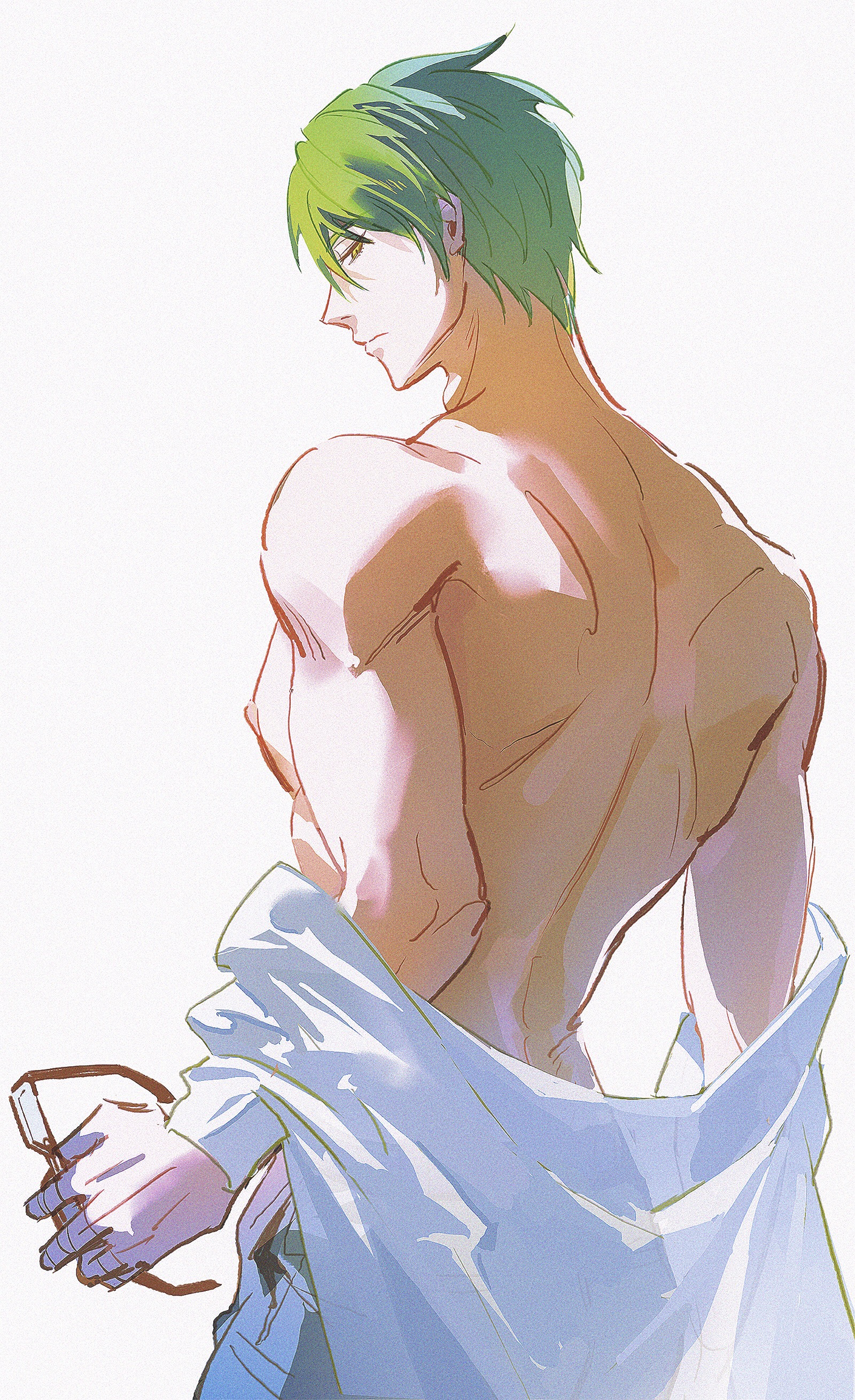 1boy absurdres back blue_pants chinese_commentary closed_mouth commentary_request cowboy_shot denim glasses green_hair highres holding holding_removed_eyewear jeans kuroko_no_basuke long_sleeves looking_back male_focus midorima_shintarou pants pectorals road_233 shirt shirt_partially_removed short_hair sidepec simple_background solo standing toned toned_male unworn_eyewear white_background white_shirt yellow_eyes