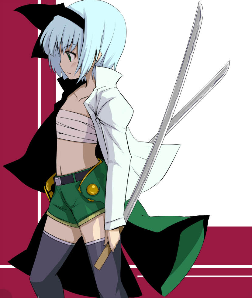 1girl black_thighhighs chest_sarashi dual_wielding female_focus flat_chest green_eyes gustav_(telomere_na) hairband holding katana konpaku_youmu open_clothes open_shirt sarashi shirasaya shirt short_hair shorts silver_hair solo sword tanto thighhighs touhou weapon
