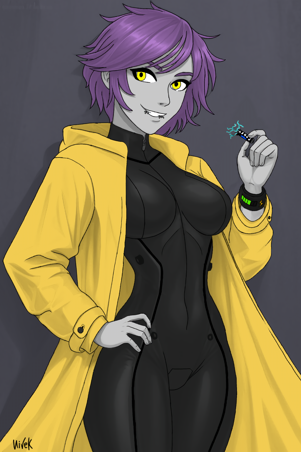 1girl against_wall android artist_name battery battery_indicator biting black_bodysuit black_plugsuit bodysuit bracelet breasts bright_pupils coat colored_skin cowboy_shot eating grey_background grey_skin grin hair_between_eyes hand_on_own_hip highres holding jewelry kevio_nivek looking_at_viewer mecha_pilot_suit medium_breasts messy_hair narrow_waist non-web_source original panasonic_corporation personification plugsuit_(evangelion) purple_hair raincoat short_hair signature smile solo solo_focus standing teeth wide-eyed yellow_eyes zipper
