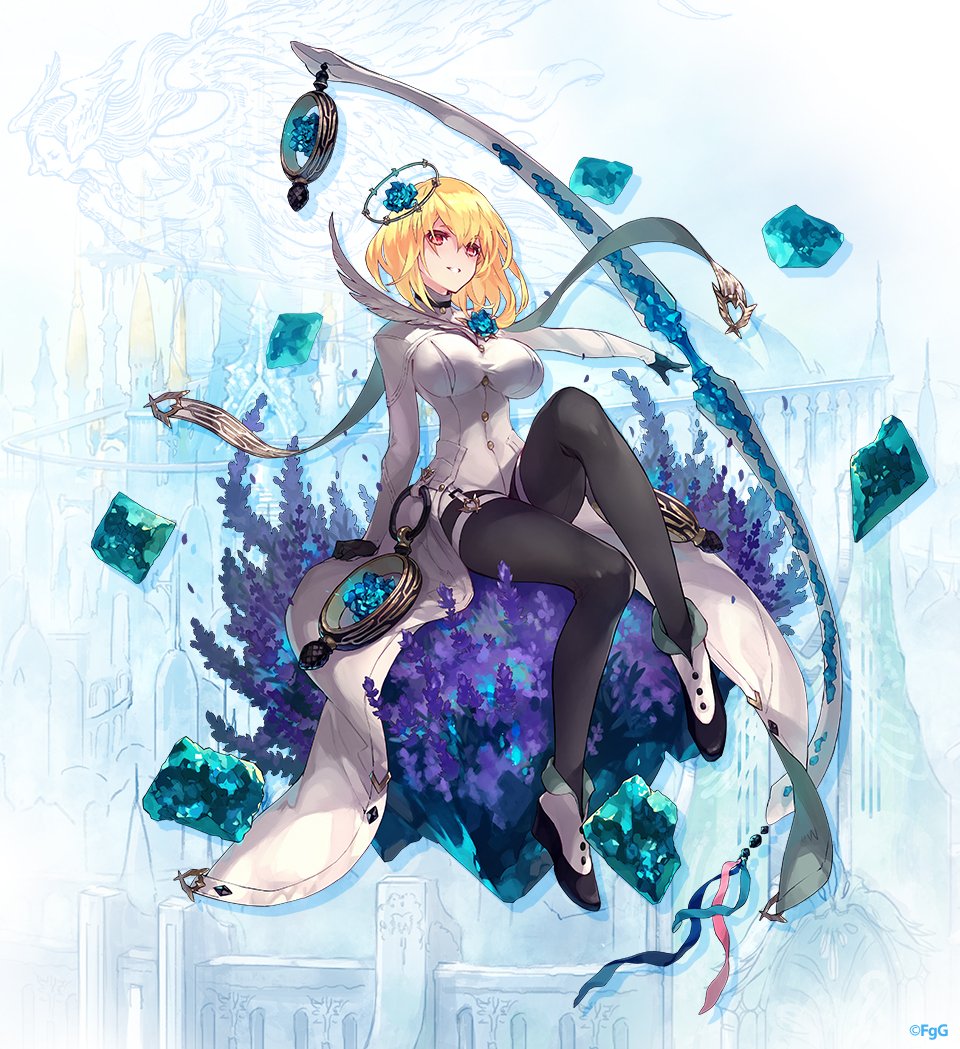 1girl blonde_hair bow_(weapon) breasts da-kuro eros_(phantom_of_the_kill) full_body gloves hair_ornament large_breasts looking_at_viewer open_mouth pantyhose phantom_of_the_kill red_eyes shoes sitting solo thighs weapon