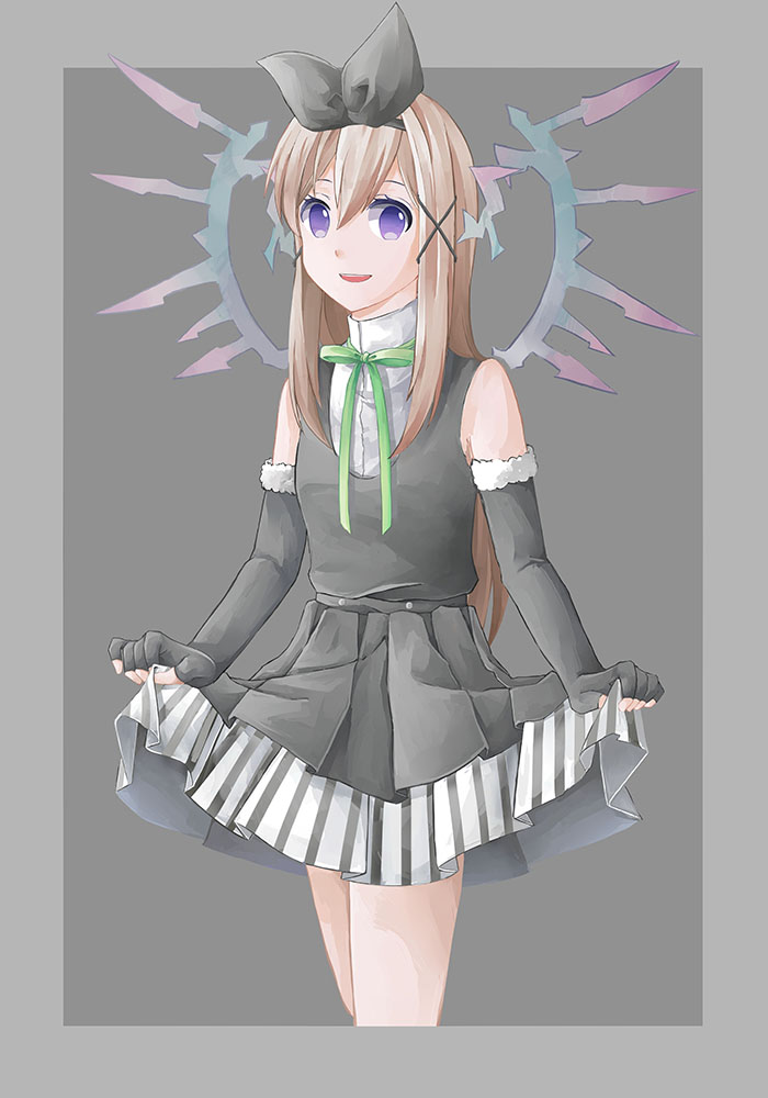 1girl black_background black_gloves black_ribbon black_shirt black_skirt border brown_hair efina elbow_gloves featherwings24 female_focus fingerless_gloves gloves green_ribbon hair_between_eyes hair_ornament hair_ribbon lieat long_hair looking_at_viewer neck_ribbon outside_border parted_lips purple_eyes ribbon shirt skirt skirt_hold sleeveless sleeveless_shirt smile solo turtleneck white_shirt x_hair_ornament