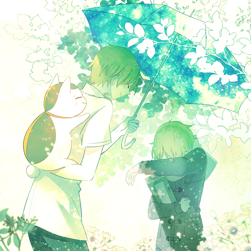 2boys animal bare_arms black_pants blonde_hair blue_umbrella book bud cat character_request closed_eyes closed_mouth coat collared_shirt commentary_request covering_face cowboy_shot day flower grey_coat grey_scarf happy holding holding_animal holding_behind_back holding_book holding_cat holding_umbrella light_blush light_particles male_focus multiple_boys natsume_takashi natsume_yuujinchou outdoors pants pocket scarf sekimo shared_umbrella shirt short_hair short_sleeves smile spring_(season) tree umbrella white_flower white_shirt winter_clothes winter_coat