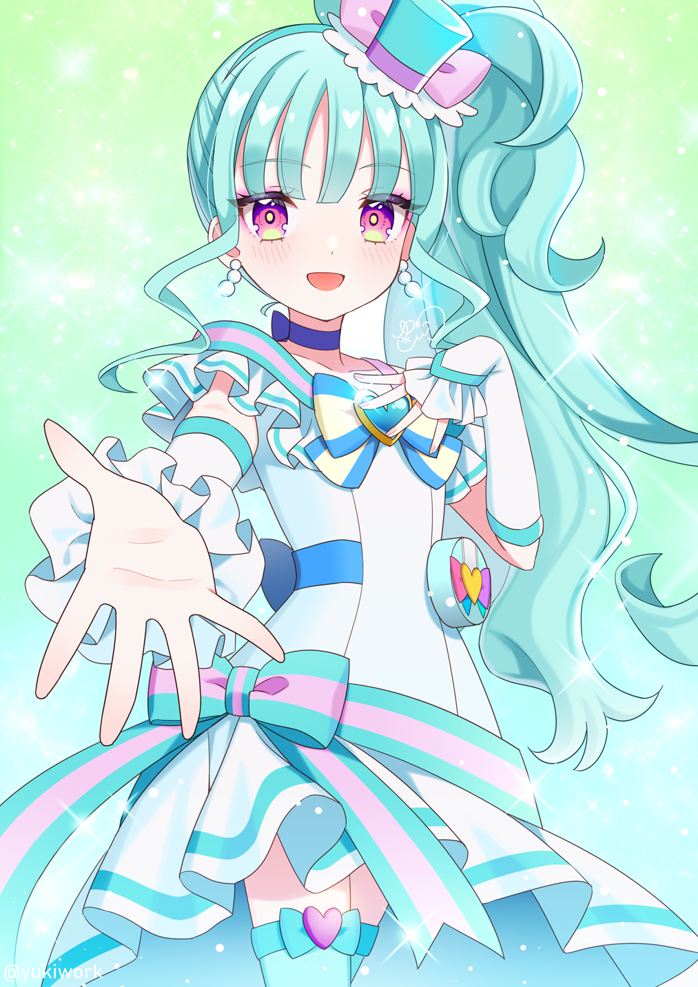 1girl aqua_hair aqua_hairband aqua_hat aqua_thighhighs blue_choker blush bow bowtie brooch choker cure_lillian dress earrings gloves hairband half_gloves hat heart heart_brooch highres jewelry long_hair magical_girl mini_hat mini_top_hat nekoyashiki_mayu off_shoulder open_mouth pearl_earrings precure purple_eyes side_ponytail signature smile solo striped_bow striped_bowtie striped_clothes thighhighs top_hat twitter_username white_dress white_gloves wonderful_precure! yukinko_(yukiwork)