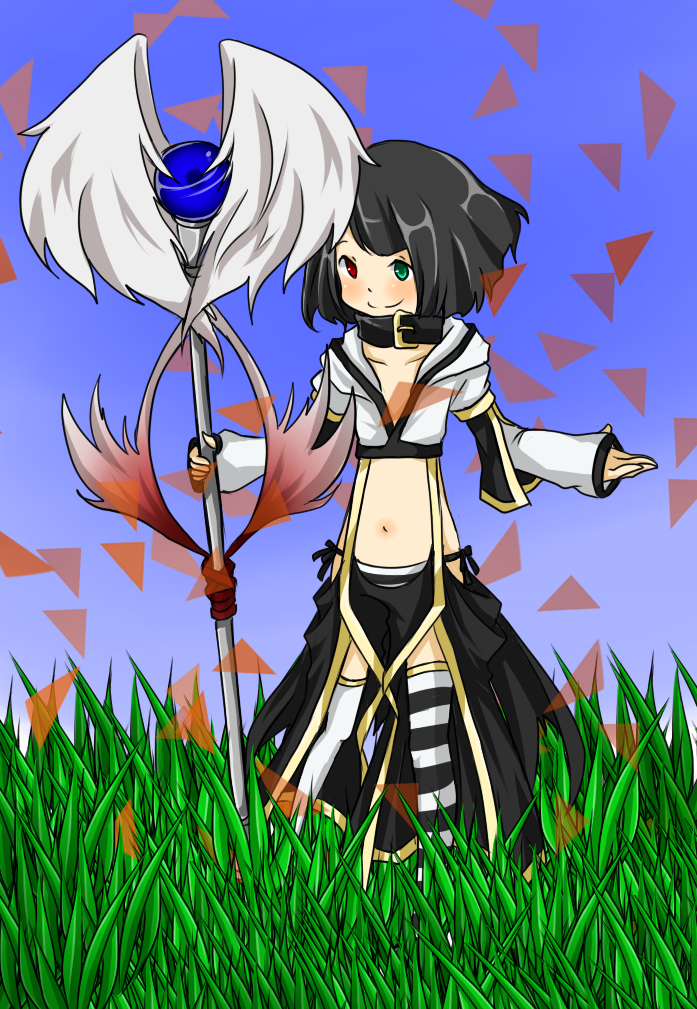 1girl belt belt_collar black_belt black_hair black_pants black_thighhighs blue_background blush closed_mouth collar commentary_request crop_top flat_chest front_slit full_body grass green_eyes heterochromia holding holding_staff looking_at_viewer meiko_(nattu303) navel pants ragnarok_online red_eyes shirt short_hair smile solo staff standing striped_clothes striped_thighhighs suspenders thighhighs warlock_(ragnarok_online) white_shirt white_thighhighs