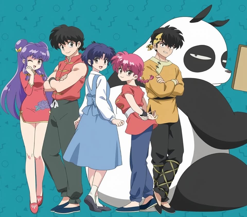 3girls blue_hair fuurinkan_high_school_uniform hibiki_ryouga multiple_girls official_art panda ranma-chan ranma_1/2 saotome_ranma shampoo_(ranma_1/2) smile tendou_akane