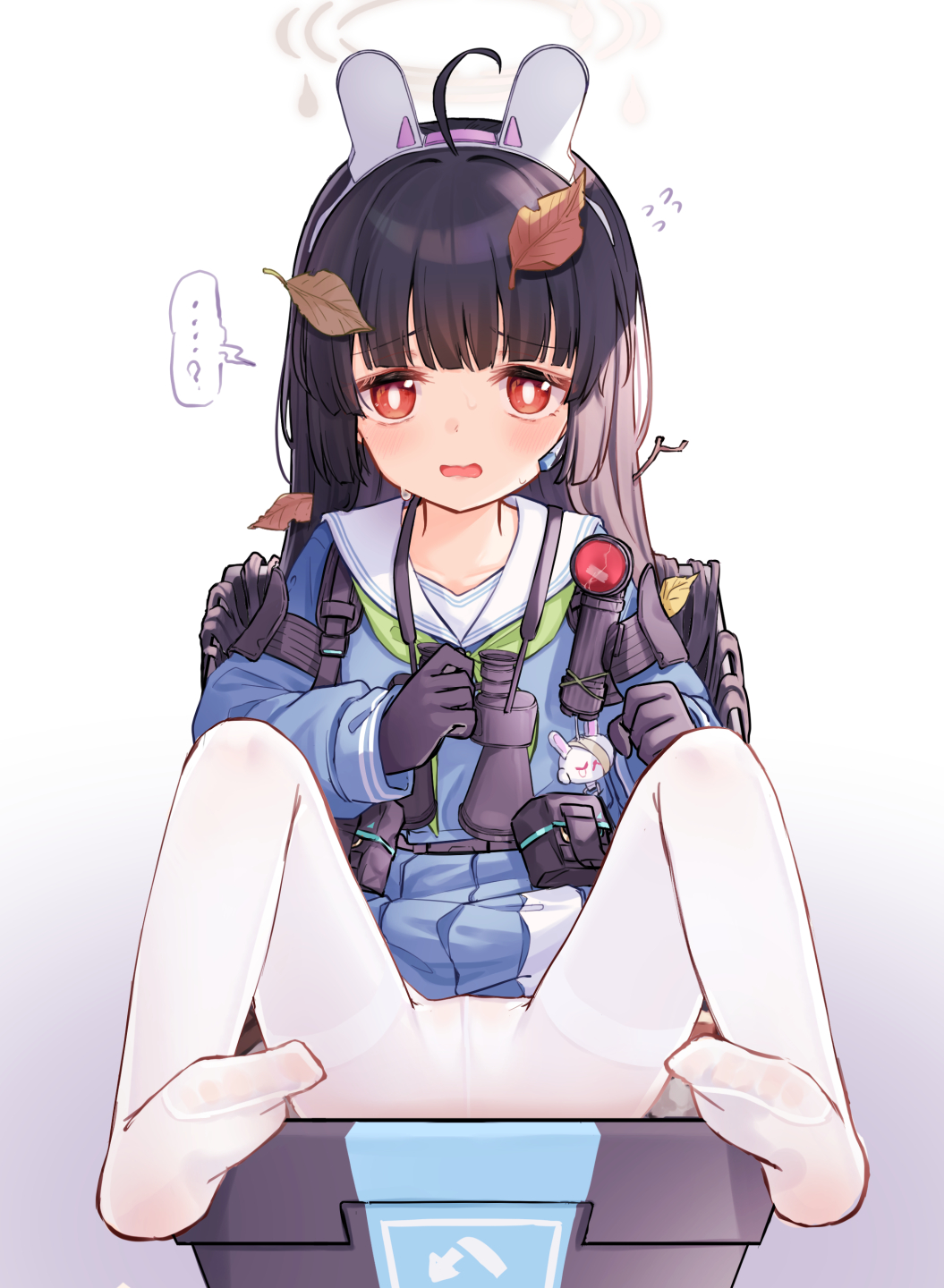 ... 1girl ? ahoge animal_ears arrow_(symbol) backpack bag belt_pouch binoculars black_gloves black_hair blue_archive blue_serafuku blue_skirt blunt_bangs blush bright_pupils earpiece embarrassed fake_animal_ears feet flashlight full_body gloves gradient_background green_neckerchief highres leaf long_hair looking_at_viewer lying miyu_(blue_archive) neckerchief no_shoes on_back open_mouth pantyhose pouch rabbit_ears recycling_symbol red_eyes sailor_collar school_uniform serafuku shokupan_(slvk12) sidelocks skirt solo speech_bubble spoken_ellipsis spread_legs sweat toes trash_can twig white_pantyhose white_pupils white_sailor_collar