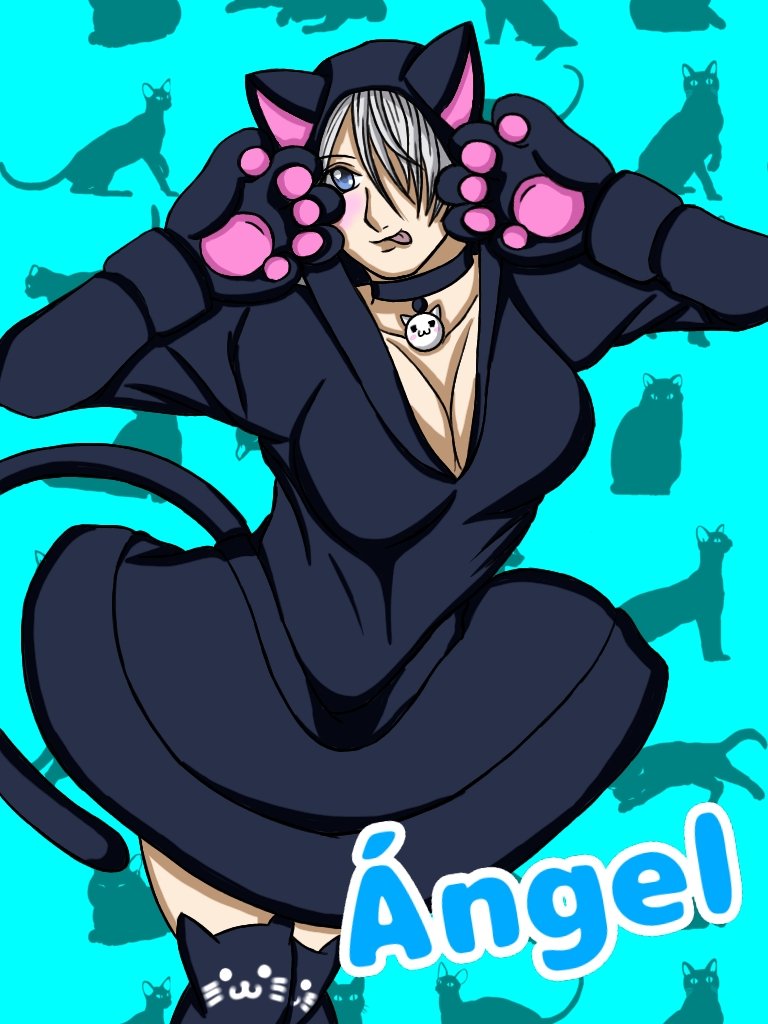 1girl angel_(kof) animal_ears animal_hood blue_eyes breasts cat cat_ears cat_girl cat_hood cat_paws costume female_focus gloves hood large_breasts looking_at_viewer pale_skin rtrmftlfury_jp short_hair skirt socks tail the_king_of_fighters thighs tongue tongue_out white_hair