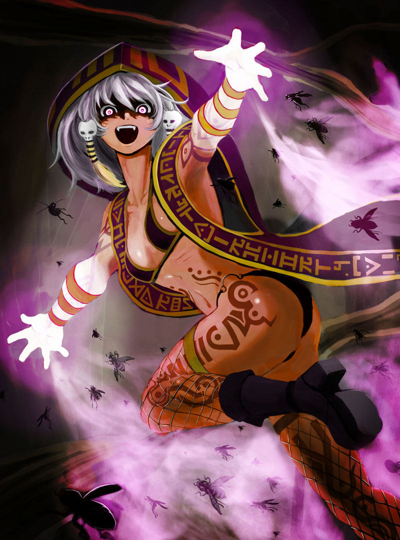 1girl ass bad_id bad_pixiv_id bikini boots breasts bug cloak combat_boots crazy_eyes dark-skinned_female dark_skin fangs female_focus glowing glowing_eyes glowing_hands hair_ornament hitomaruniigo magic open_mouth original outstretched_arms purple_eyes running sideboob silver_hair skull_hair_ornament small_breasts solo swimsuit tattoo
