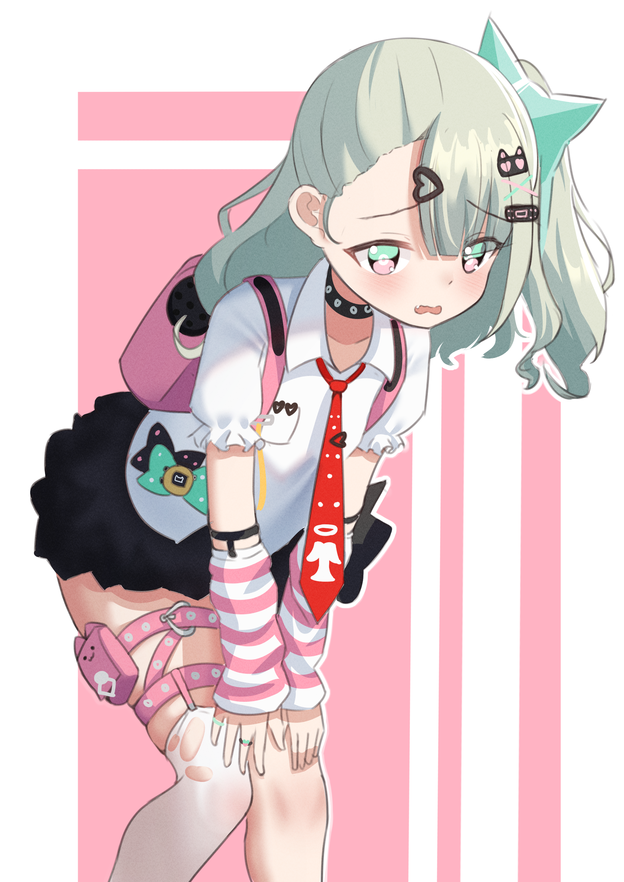 1girl absurdres backpack bag black_skirt blush bow chinatsu_remiel collarbone collared_shirt detached_sleeves edmundnfk fang feet_out_of_frame green_hair grey_hair hair_between_eyes hair_bow hair_ornament hairclip hands_on_own_knees highres layered_sleeves leaning_forward leg_ribbon long_hair long_sleeves necktie one_side_up pink_background pleated_skirt puffy_long_sleeves puffy_short_sleeves puffy_sleeves red_necktie ribbon shirt short_over_long_sleeves short_sleeves single_thighhigh skirt sleeves_past_wrists solo thighhighs two-tone_background virtual_youtuber wavy_mouth white_background white_shirt white_sleeves white_thighhighs zenless_zone_zero