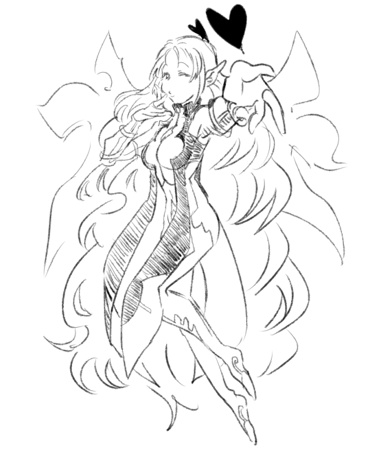 1girl breasts dress heart monochrome muzet_(tales) one_eye_closed pointy_ears tales_of_(series) tales_of_xillia tales_of_xillia_2 very_long_hair wings wink
