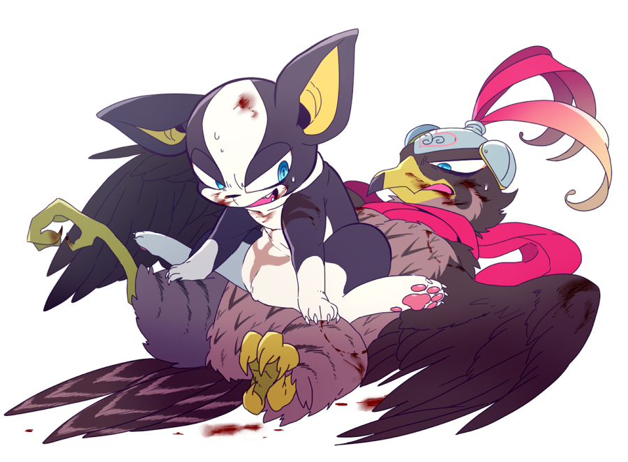 bird blood blue_eyes bruise dog falcon helmet iggy_(jojo) injury jojo_no_kimyou_na_bouken no_humans pet_shop scarf simple_background sizma