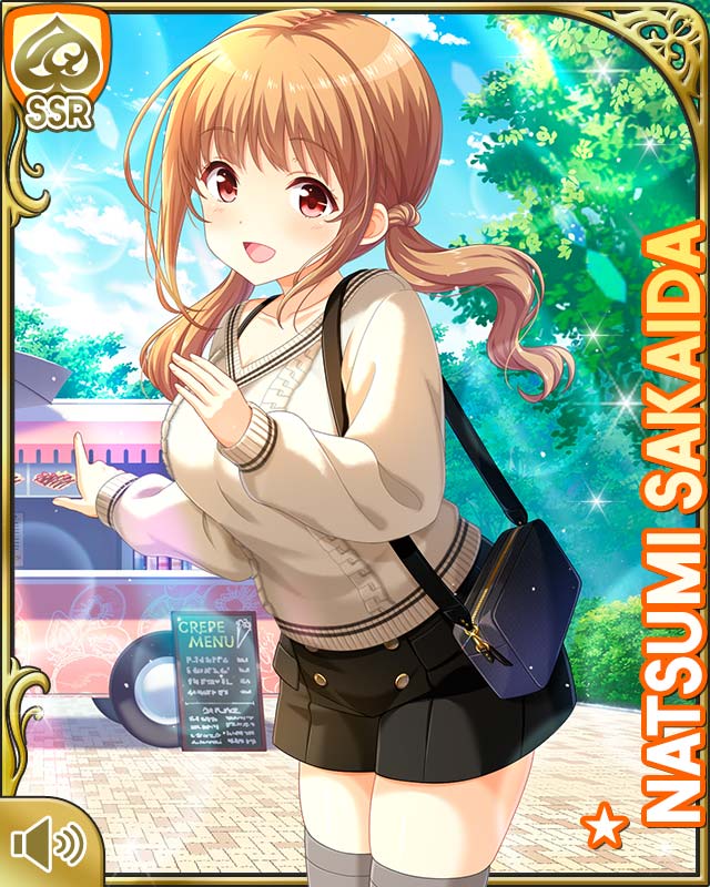 1girl :d bag black_shorts black_thighhighs breasts brown_hair card_(medium) character_name day female_focus food_truck girlfriend_(kari) grey_thighhighs hair_ornament handbag large_breasts long_hair looking_at_viewer official_art open_mouth outdoors pink_scrunchie qp:flapper red_eyes sakaida_natsumi scrunchie shorts smile solo sparkle standing sweater thighhighs white_sweater