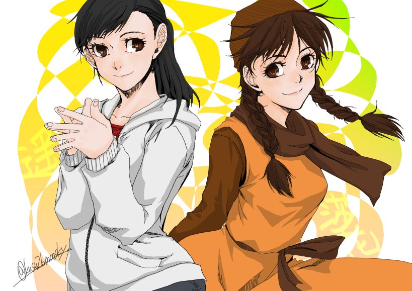 2girls arms_behind_back black_hair braid breasts brown_eyes brown_hair brown_headwear brown_scarf chinese_clothes dress hood hoodie kusu_(moo1225) ling_shen_hua long_hair looking_at_viewer medium_breasts multicolored_background multiple_girls orange_dress patterned_background ponytail red_shirt ryuu_ga_gotoku_(series) ryuu_ga_gotoku_6 sash sawamura_haruka scarf sega shenmue shenmue_ii shirt signature smile steepled_fingers sweater swept_bangs twin_braids white_sweater zipper