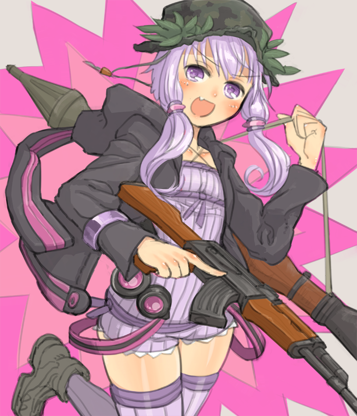 1girl ak-47 assault_rifle black_hoodie blush boots border camouflage camouflage_headwear commentary_request cowboy_shot criss-cross_halter dress explosion fang floating_hair green_boots green_hat grey_border gun halter_dress halterneck hat holding holding_gun holding_weapon hood hood_down hoodie kalashnikov_rifle long_hair long_sleeves looking_at_viewer microdress open_clothes open_hoodie open_mouth purple_background purple_dress purple_eyes purple_hair purple_thighhighs rifle rocket_launcher rpg rpg-7 rpg_(weapon) samaru_(seiga) short_hair_with_long_locks shoulder_strap sidelocks smile solo standing standing_on_one_leg thighhighs thighs trigger_discipline v-shaped_eyebrows vocaloid voiceroid weapon yuzuki_yukari