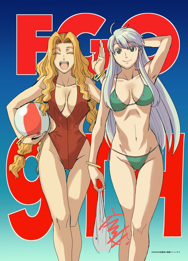 2girls bag ball beachball bikini blonde_hair breasts character_request cleavage closed_eyes fate/grand_order fate_(series) green_bikini hiroe_rei holding holding_bag holding_ball kukulkan_(fate) long_hair long_sidelocks looking_at_viewer low-tied_long_hair multiple_girls nail_polish one-piece_swimsuit open_mouth quetzalcoatl_(fate) sidelocks string_bikini swimsuit