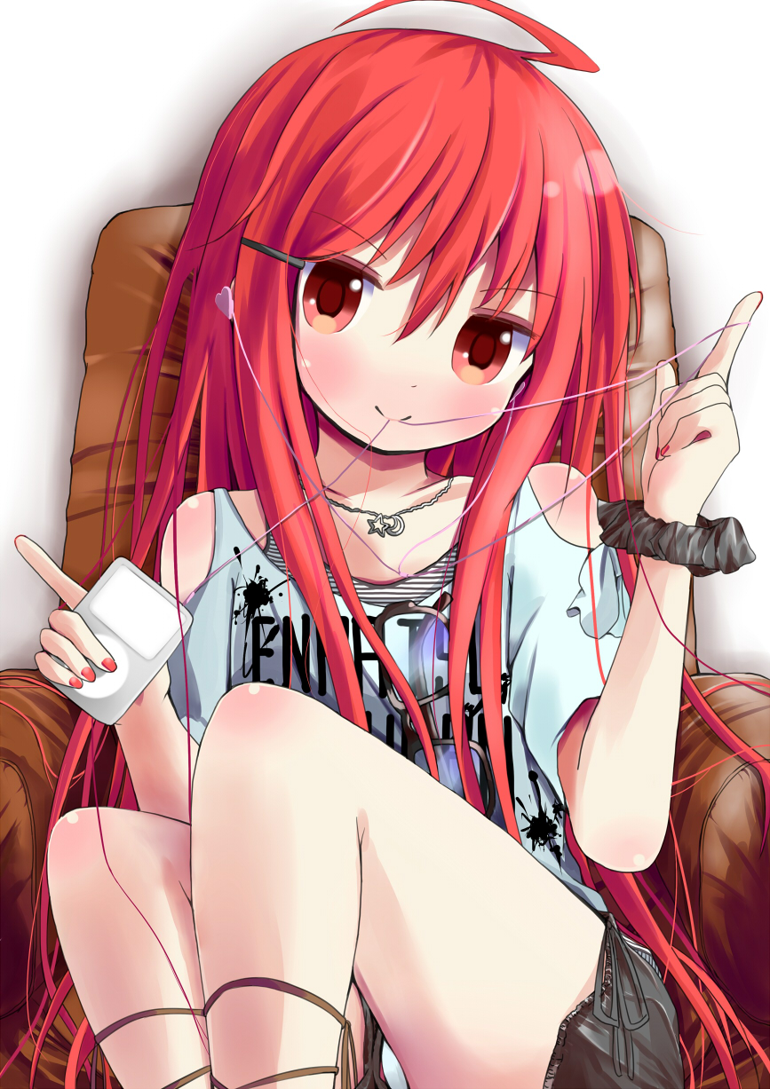 1girl ahoge bad_id bad_pixiv_id blush casual chair digital_media_player earphones eyewear_hang female_focus hair_ornament hairclip highres holding ipod jewelry long_hair mouth_hold mugichoko_(mugi_no_choko) necklace red_eyes red_hair ribbon scrunchie shadow shakugan_no_shana shana short_shorts shorts sitting smile solo sunglasses unworn_eyewear very_long_hair white_background