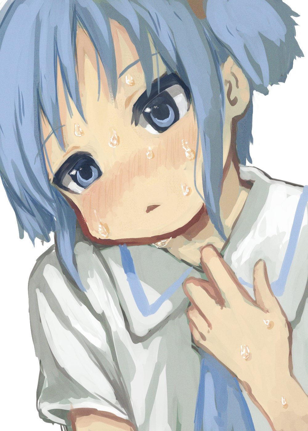 1girl adjusting_clothes adjusting_collar blue_eyes blue_hair blue_necktie blush close-up collared_shirt cube_hair_ornament hair_ornament head_tilt highres naganohara_mio naganoharamiomio necktie nichijou school_uniform shirt short_hair short_sleeves short_twintails simple_background solo summer_uniform sweat tokisadame_school_uniform twintails upper_body very_sweaty white_background white_shirt