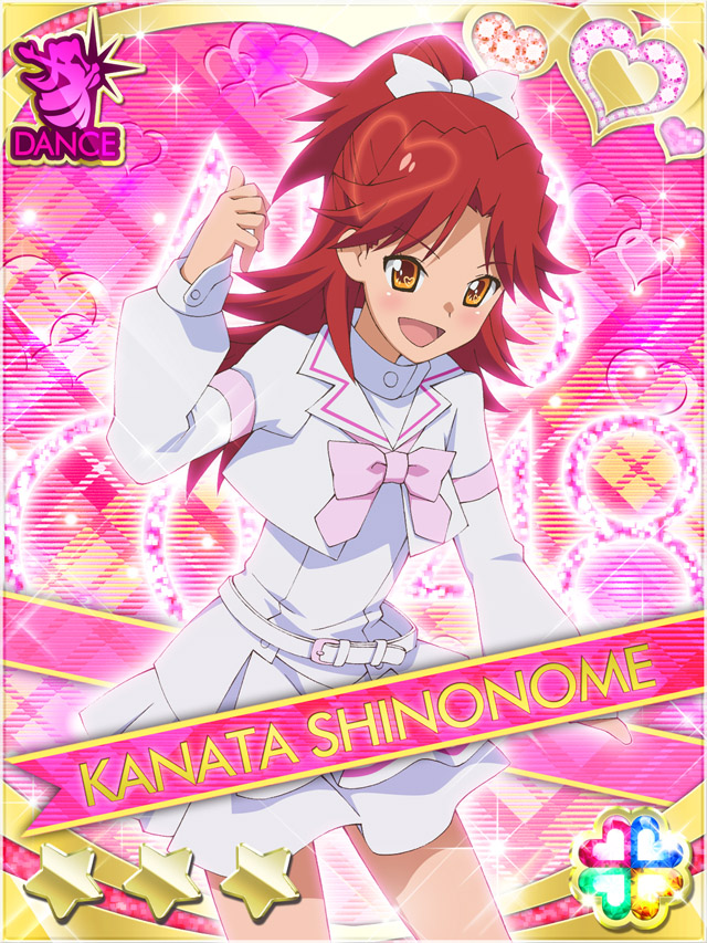 1girl :d akb0048 belt belt_buckle bow bowtie buckle card_(medium) character_name cowboy_shot cropped_jacket dress hair_bow hand_up heart high_ponytail idol_clothes jacket long_hair long_sleeves looking_at_viewer non-web_source official_art open_mouth pink_background pink_bow pink_bowtie ponytail red_hair shinonome_kanata smile solo sparkle standing star_(symbol) white_belt white_bow white_dress white_jacket