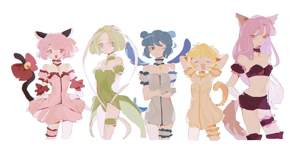 5girls ^_^ aizawa_mint arms_behind_head blonde_hair blue_hair cat_tail closed_eyes commentary cowboy_shot crossed_arms detached_sleeves double_bun dress fong_pudding fujiwara_zakuro green_hair hair_bun jewelry long_hair magical_girl mew_ichigo mew_lettuce mew_mint mew_pudding mew_zakuro midorikawa_lettuce momomiya_ichigo multiple_girls one_eye_closed pink_dress pink_hair ronoh_(jill) short_hair shorts simple_background tail thigh_strap thighlet tokyo_mew_mew white_background yellow_dress