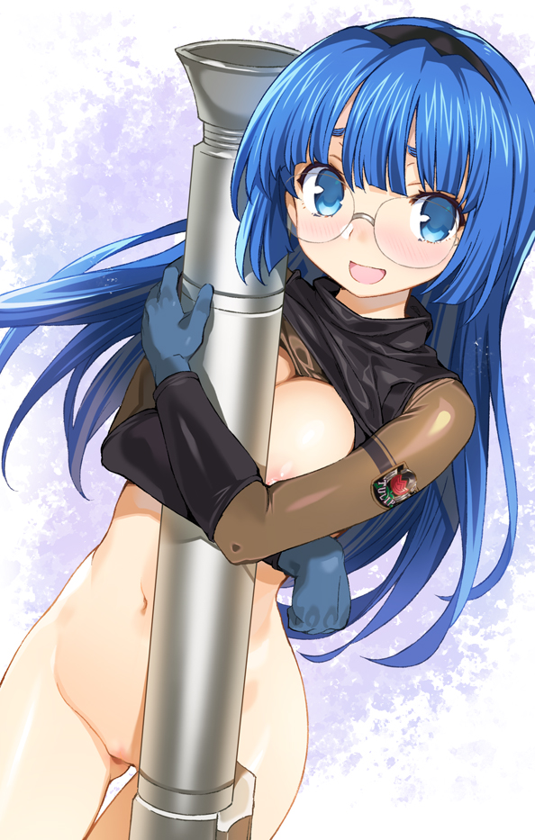 1girl alice_soft blue_eyes blue_gloves blue_hair blush bottomless breast_press breasts cleft_of_venus clothes_lift cowboy_shot dutch_angle facing_viewer female_focus glasses gloves gradient_background groin hugging_object long_hair long_sleeves looking_at_viewer maria_custard matching_hair/eyes medium_breasts naked_shirt navel nipples no_bra onono_imoko open_mouth pussy rance_(series) rance_02 rance_03 rance_03_leazas_kanraku rance_ix rocket_launcher shirt shirt_lift smile solo standing thigh_gap very_long_hair vest_lift weapon