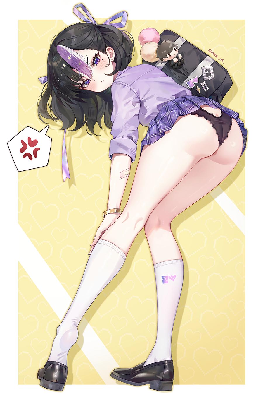 1girl alternate_costume anger_vein ass bag bandaid bent_over black_hair black_panties from_behind full_body goddess_of_victory:_nikke highres loafers looking_at_viewer looking_back microskirt mole mole_under_eye mrr_05 multicolored_hair panties pantyshot purple_eyes purple_hair purple_ribbon ribbon school_uniform shoes shoulder_bag skirt socks solo spoken_anger_vein streaked_hair syuen_(nikke) underwear white_socks