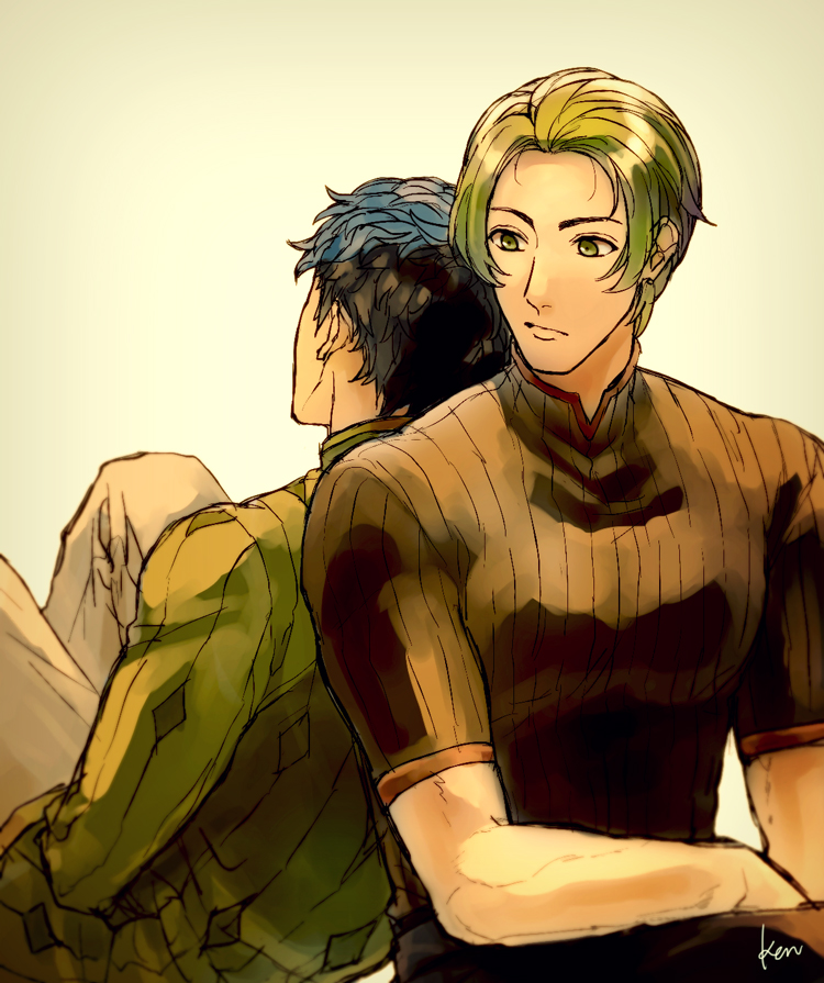 2boys akke artist_name back-to-back blue_hair fire_emblem fire_emblem_echoes:_shadows_of_valentia forsyth_(fire_emblem) green_eyes green_hair male_focus multiple_boys nintendo python_(fire_emblem) sitting