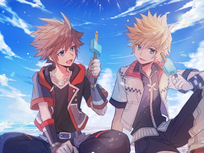 2boys black_shirt blonde_hair blue_eyes blue_sky brown_hair chain chain_necklace fingerless_gloves food gloves hair_between_eyes holding holding_food holding_ice_cream hood hood_down hooded_jacket ice_cream ice_cream_bar jacket jewelry kingdom_hearts kingdom_hearts_iii looking_at_another male_focus multiple_boys necklace open_mouth outdoors ring roxas shirt short_hair short_sleeves sky smile sora_(kingdom_hearts) spiked_hair upper_body white_jacket wristband yurichi_(artist)