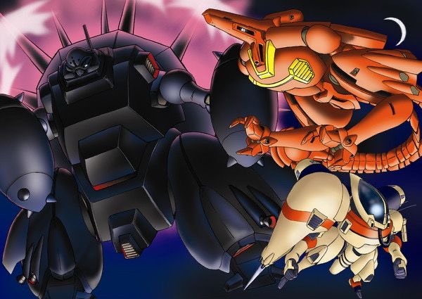 abijo artist_request cable crossbone_gundam gradient_background gundam jupiter_empire machinery mecha mecha_focus mobile_suit no_humans one-eyed quavarze robot science_fiction shield spikes tortuga_(mobile_suit)